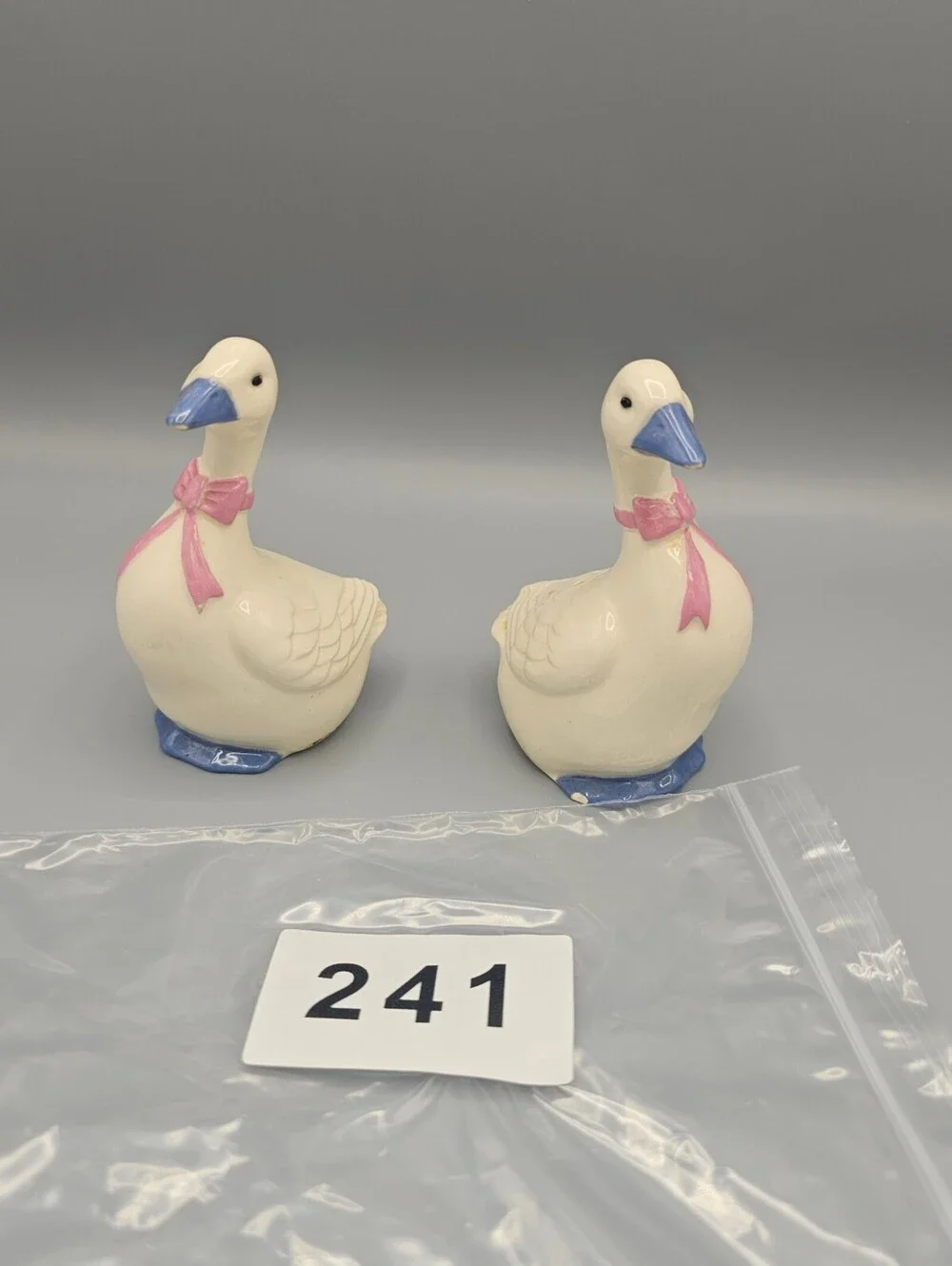 Vintage Ceramic Goose Salt and Pepper Shakers with Pink Bow and Blue Beak